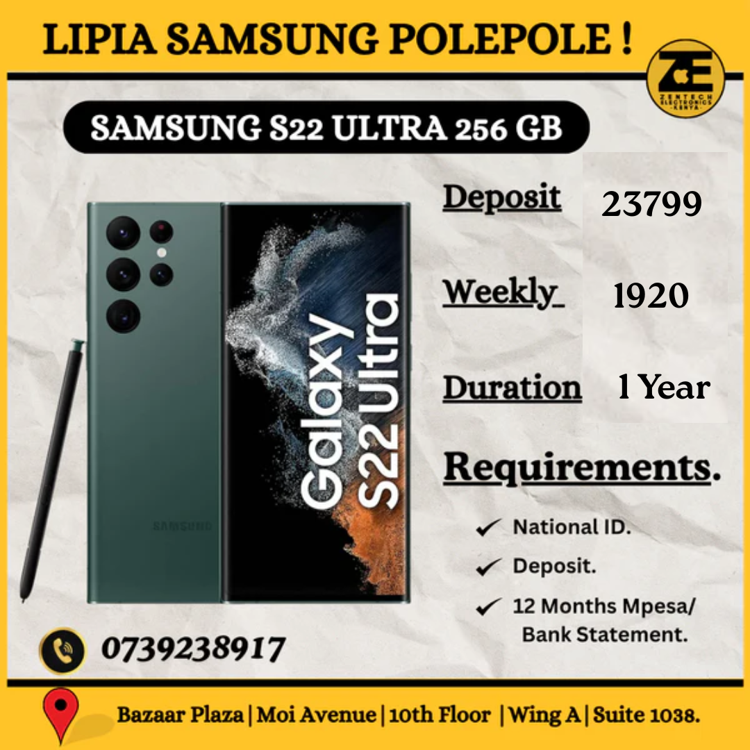 Advertisement for Samsung S22 Ultra 256 GB phone with deposit and payment information.